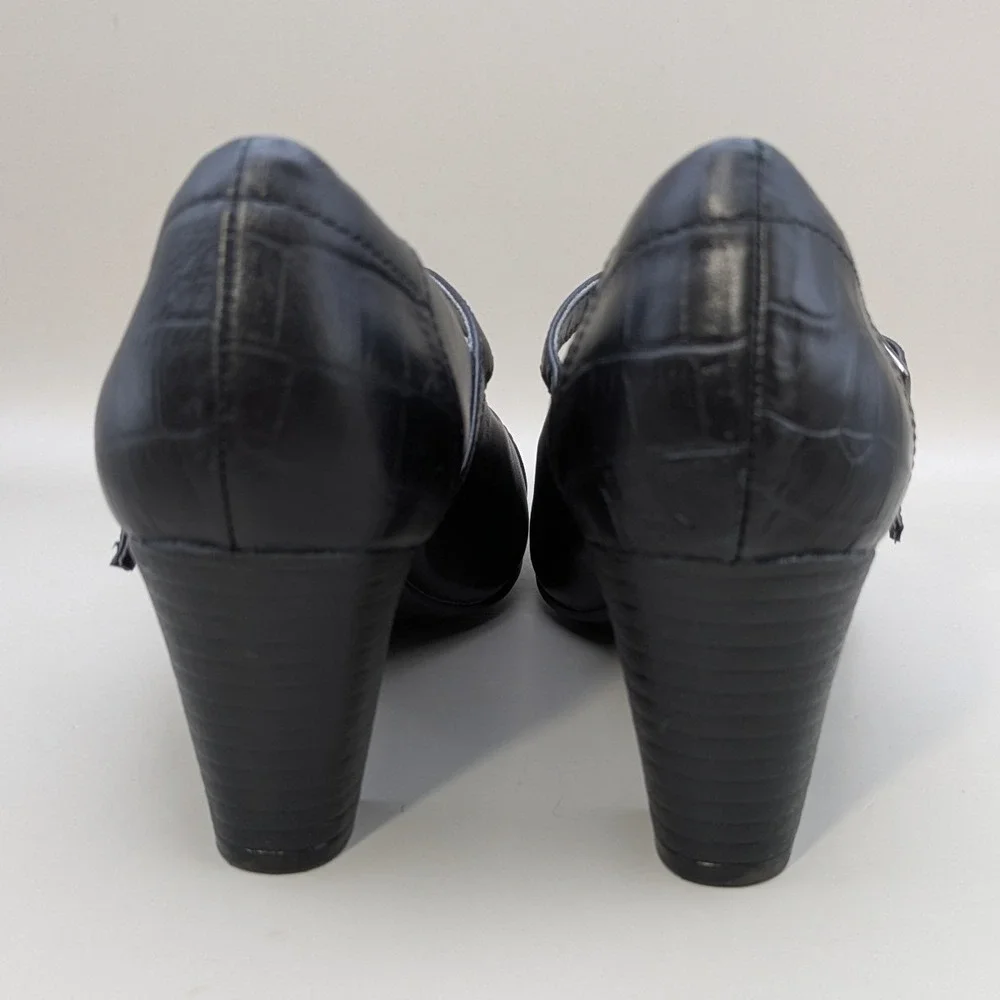 Clarks Bendables Black Leather Mary Jane Block Heel Pumps Croc Embossed Size 7M